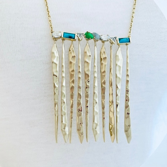 Alexis Bittar Gold Hammer Metal Fringe Gemstone Bar Turquoise Green Necklace - Picture 10 of 12